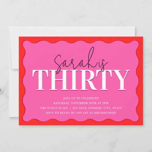 ピンクと赤の30歳の誕生日パーティー 招待状 (正面)