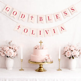 ピンクと赤の6文字の洗礼と聖体拝領「God Bless」 バンティングフラッグ