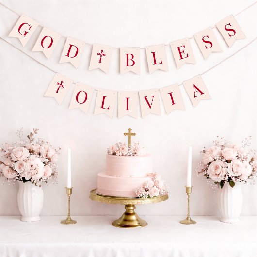 ピンクと赤の6文字の洗礼と聖体拝領「God Bless」 バンティングフラッグ