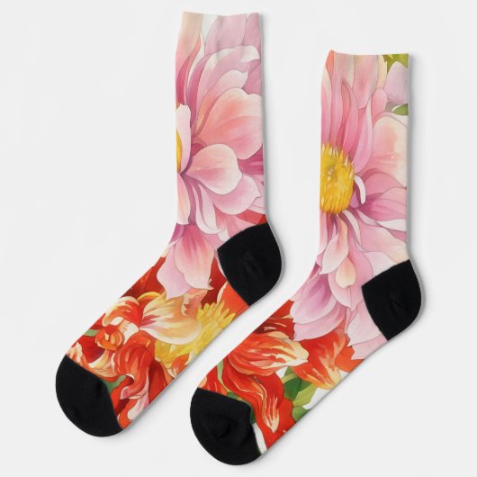 ピンクと赤のDahlia花フローラアートソックス ソックス (左)
