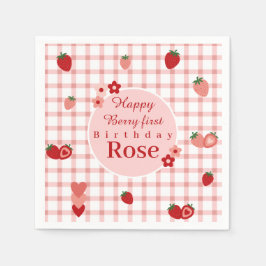 ピンクと赤ストロベリーファースト誕生日ナプキン スタンダードカクテルナプキン