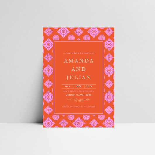 ピンクと赤モダンの1000年結婚半 招待状