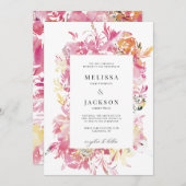ピンクと赤面の水彩結婚花 招待状 (正面/裏面)