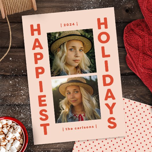 ピンクと赤2フォトホリデーフォトクリスマスカード シーズンカード