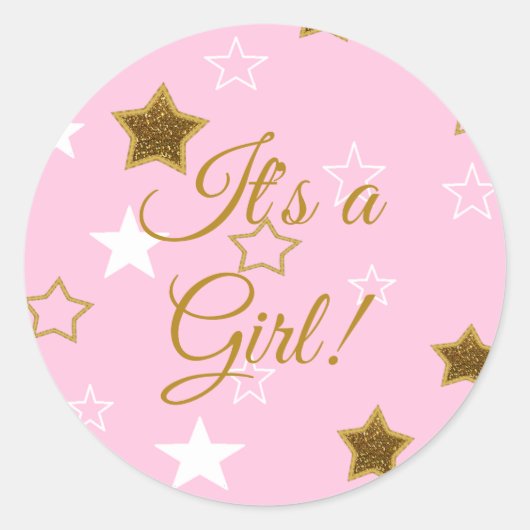 ピンクと金ゴールドが星その女の子の赤ちゃんシャワーシール ラウンドシール (正面)