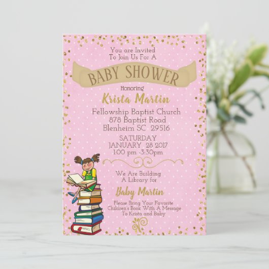 ピンクと金ゴールドが本の赤ちゃんシャワーを持ってくる 招待状 (スタンド正面)