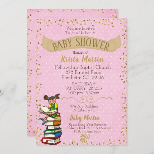 ピンクと金ゴールドが本の赤ちゃんシャワーを持ってくる 招待状 (正面/裏面)