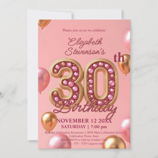 ピンクと金ゴールドきらめくの宝石30歳の誕生日 招待状 (正面)