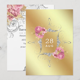 ピンクと金ゴールドとシルバーのフローラ結婚ダイヤモンドのSa セーブザデート