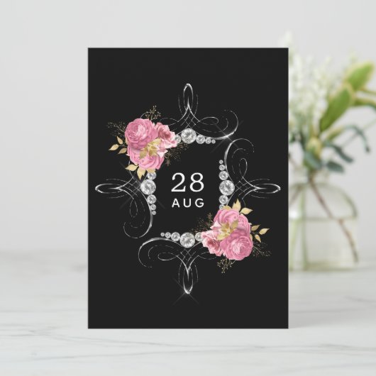 ピンクと金ゴールドとシルバーのフローラ結婚ダイヤモンド セーブザデート (スタンド正面)