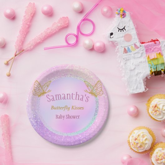 ピンクと金ゴールドのお洒落蝶の赤ちゃんシャワー ペーパープレート (パーティー)