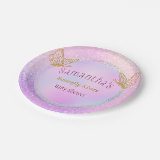ピンクと金ゴールドのお洒落蝶の赤ちゃんシャワー ペーパープレート (アングル)