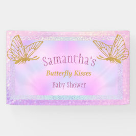 ピンクと金ゴールドのお洒落蝶の赤ちゃんシャワー 横断幕