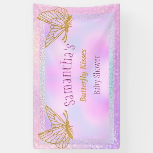 ピンクと金ゴールドのお洒落蝶の赤ちゃんシャワー 横断幕 (縦)