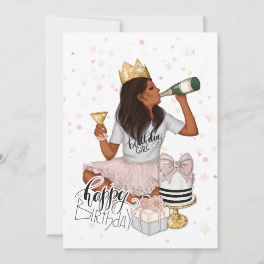 ピンクと金ゴールドのアフリカ系アメリカ人ガールバースデーパーティー 招待状 (正面)