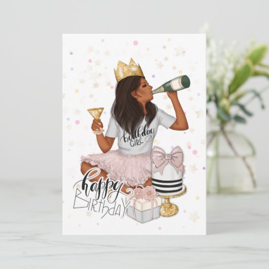 ピンクと金ゴールドのアフリカ系アメリカ人ガールバースデーパーティー 招待状 (スタンド正面)