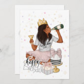 ピンクと金ゴールドのアフリカ系アメリカ人ガールバースデーパーティー 招待状 (正面/裏面)