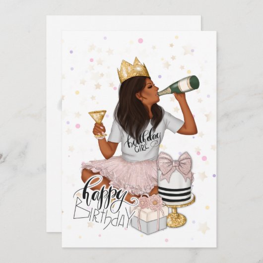 ピンクと金ゴールドのアフリカ系アメリカ人ガールバースデーパーティー 招待状 (正面/裏面)