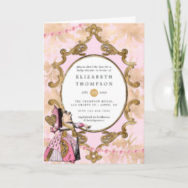 ピンクと金ゴールドのアリスがワンダーランドのベビーシャワー 招待状