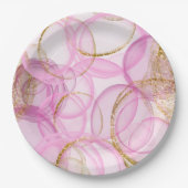 ピンクと金ゴールドのインクの円のパターン ペーパープレート (正面)