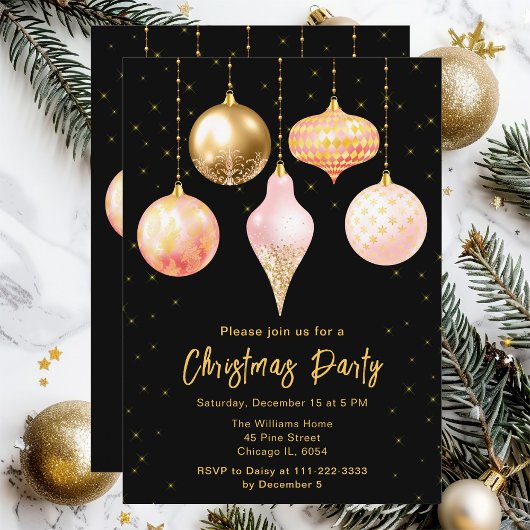 ピンクと金ゴールドのオーナメントクリスマスパーティー 招待状