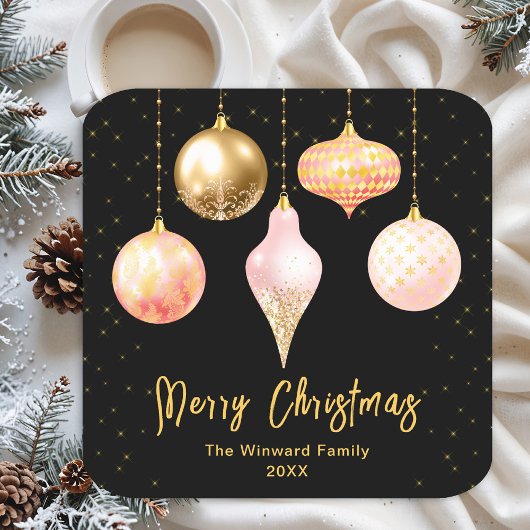 ピンクと金ゴールドのオーナメントメリークリスマス スクエアペーパーコースター