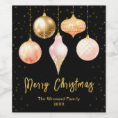 ピンクと金ゴールドのオーナメントメリークリスマス ワインラベル (シングルラベル)