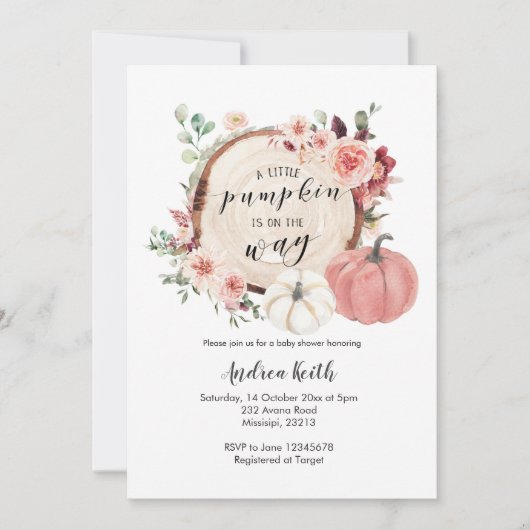 ピンクと金ゴールドのカボチャが途中にある 招待状 (正面)