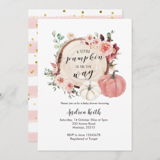 ピンクと金ゴールドのカボチャが途中にある 招待状 (正面/裏面)