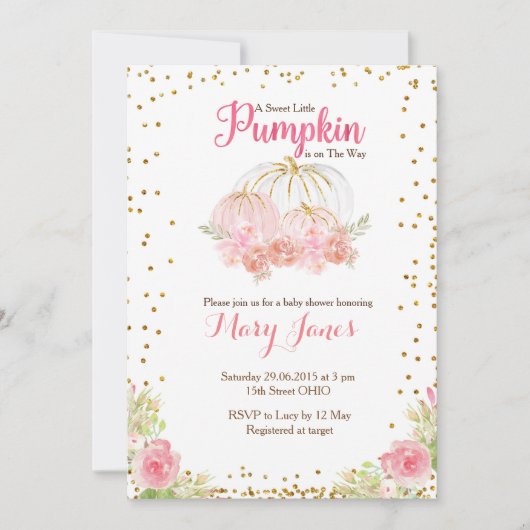 ピンクと金ゴールドのカボチャの赤ちゃんシャワー水色 招待状 (正面)