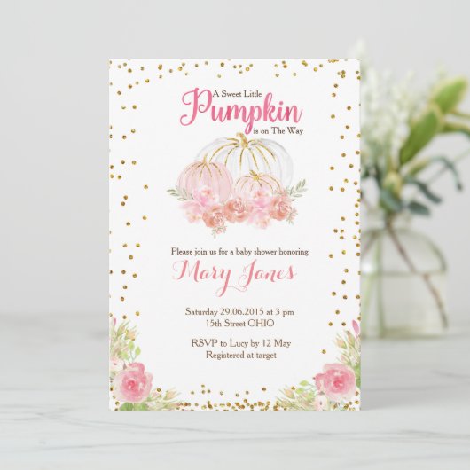 ピンクと金ゴールドのカボチャの赤ちゃんシャワー水色 招待状 (スタンド正面)