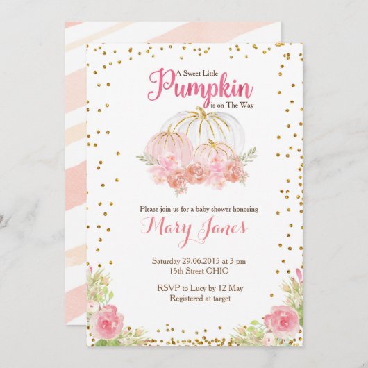 ピンクと金ゴールドのカボチャの赤ちゃんシャワー水色 招待状 (正面/裏面)