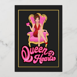 ピンクと金ゴールドのクイーンのハート誕生日パーティー 箔招待状