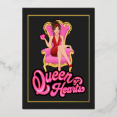 ピンクと金ゴールドのクイーンのハート誕生日パーティー 箔招待状 (正面)