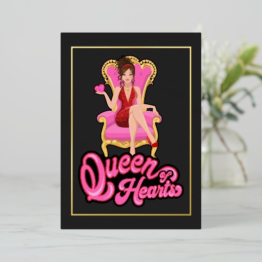 ピンクと金ゴールドのクイーンのハート誕生日パーティー 箔招待状 (立ち正面)