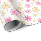ピンクと金ゴールドのクリスマススノーフレーク ラッピングペーパー (ロールコーナー)