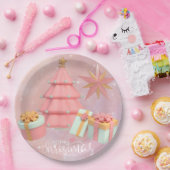 ピンクと金ゴールドのクリスマスツリーと星 ペーパープレート (パーティー)