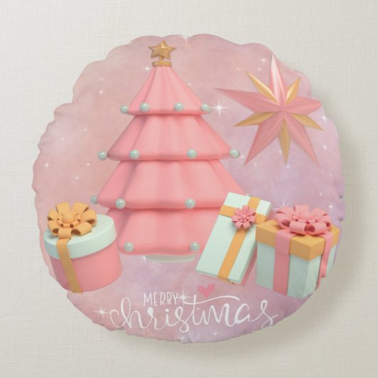 ピンクと金ゴールドのクリスマスツリーと星 ラウンドクッション (正面)