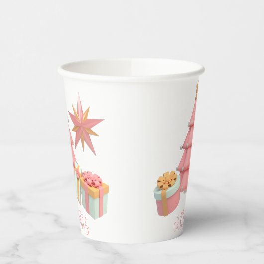 ピンクと金ゴールドのクリスマスツリーと星 紙コップ (左)