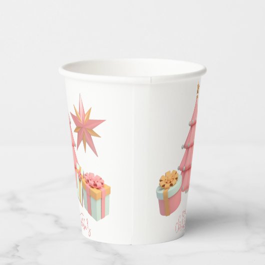 ピンクと金ゴールドのクリスマスツリーと星 紙コップ (右)