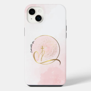 ピンクと金ゴールドのクロス電話ケース iPhone 14 PLUSケース