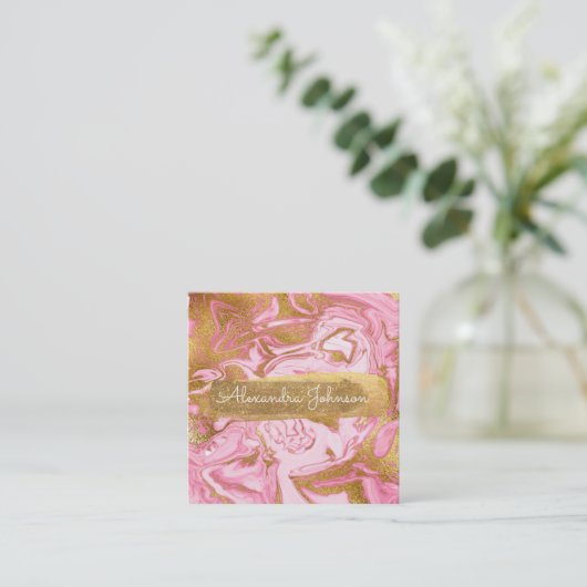 ピンクと金ゴールドのグリッターとスパークルマーブル スクエア名刺 (スタンド正面)