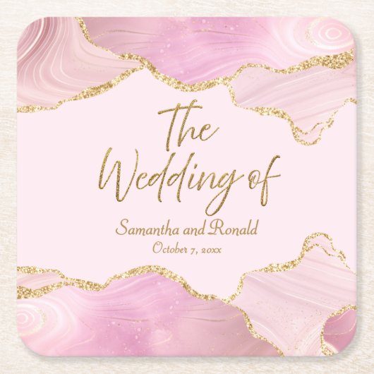 ピンクと金ゴールドのグリッターは結婚の スクエアペーパーコースター (正面)