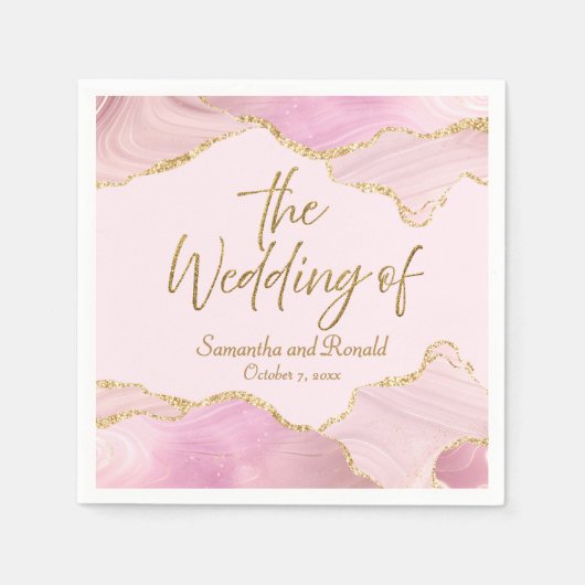 ピンクと金ゴールドのグリッターは結婚の スタンダードカクテルナプキン (正面)