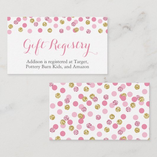 ピンクと金ゴールドのグリッターギフトレジストリ挿入カード エンクロージャーカード (正面/裏面)