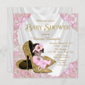 ピンクと金ゴールドのグリッターシューズベビーシャワー 招待状 (正面/裏面)