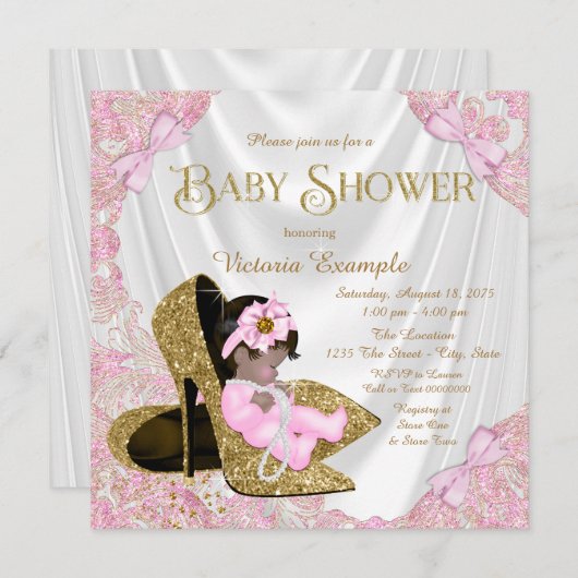 ピンクと金ゴールドのグリッターシューズベビーシャワー 招待状 (正面/裏面)