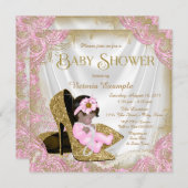 ピンクと金ゴールドのグリッターシューズ真珠ベビーシャワー 招待状 (正面/裏面)
