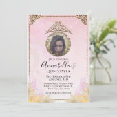 ピンクと金ゴールドのグリッターティアラキンセアニラ写真 招待状 (スタンド正面)