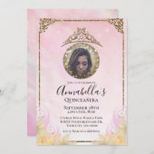 ピンクと金ゴールドのグリッターティアラキンセアニラ写真 招待状 (正面/裏面)